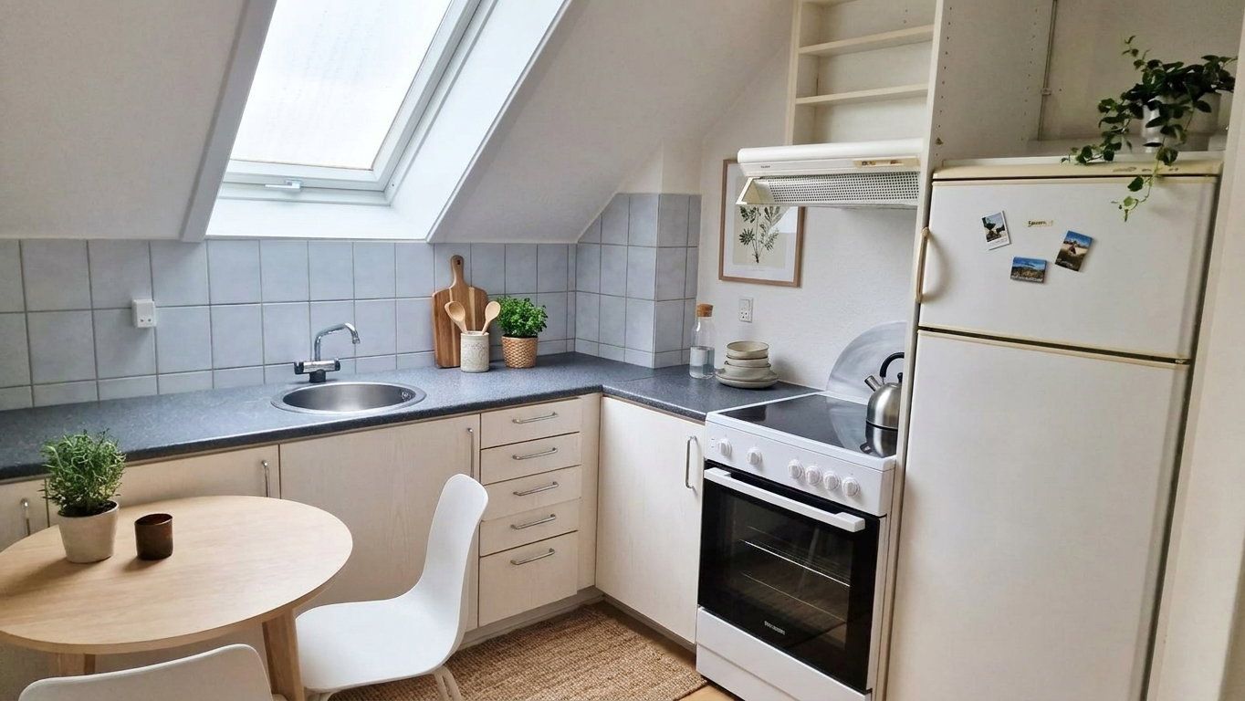 Lys 2-værelses tagetagelejlighed med ovenlysvinduer og separat køkken – 65 m2 med praktisk planløsning