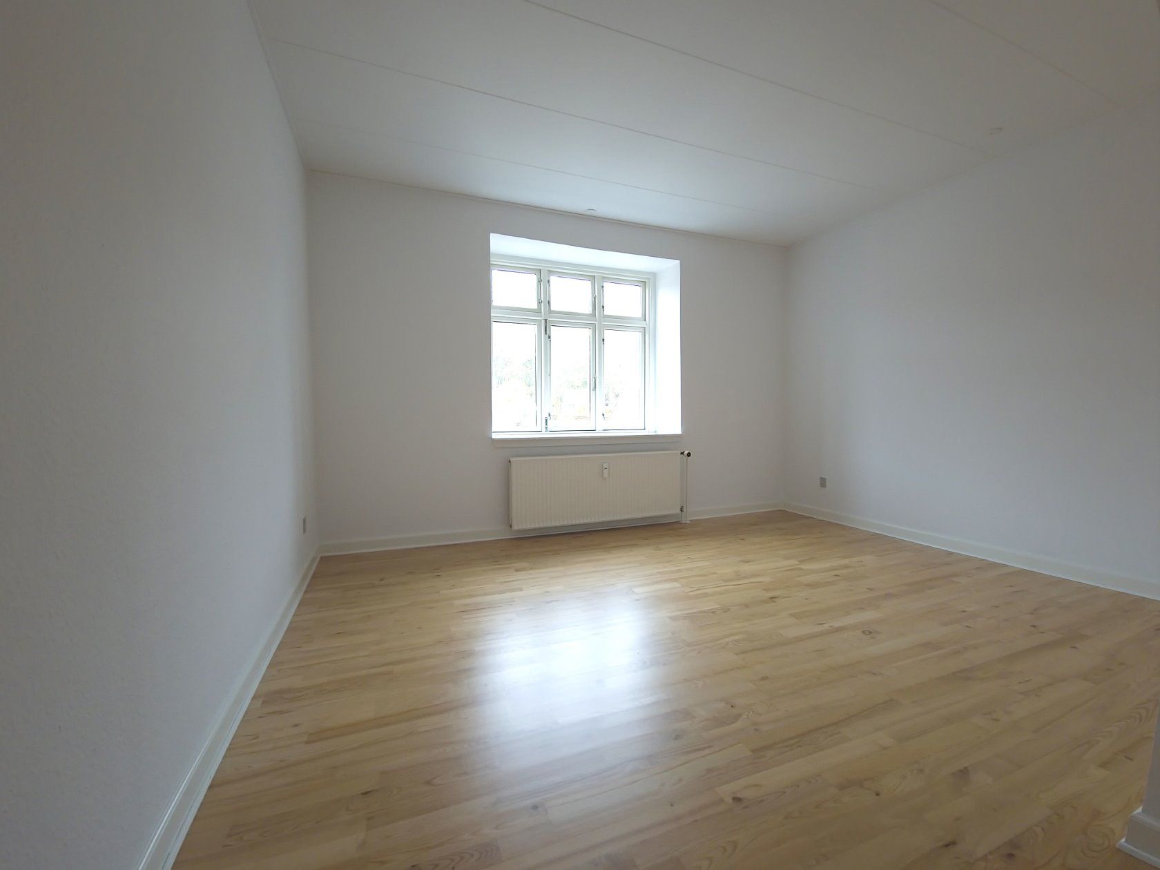 Stor renoveret lejlighed med vaskesøjle og parkering.