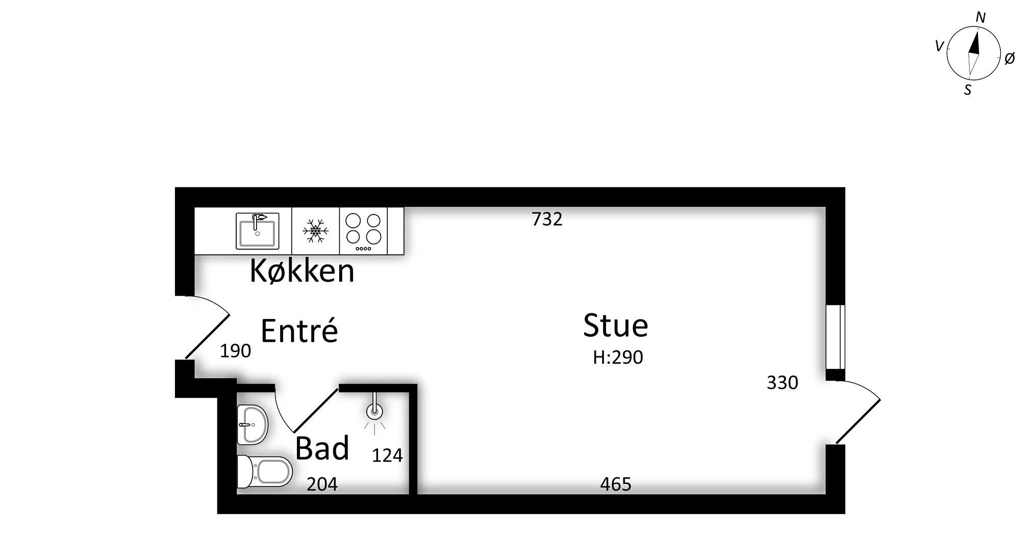 1-værelses studiebolig