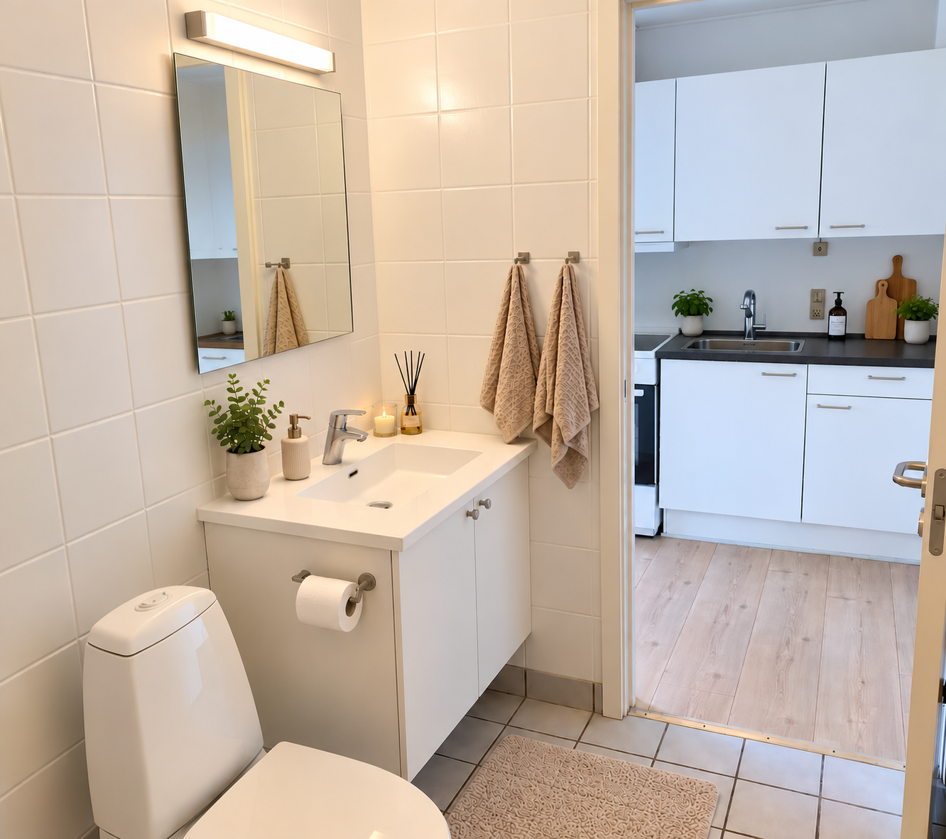 Total renoveret 2-værelses rækkehus i Nørre Snede med stor lukket terrasse mod syd.