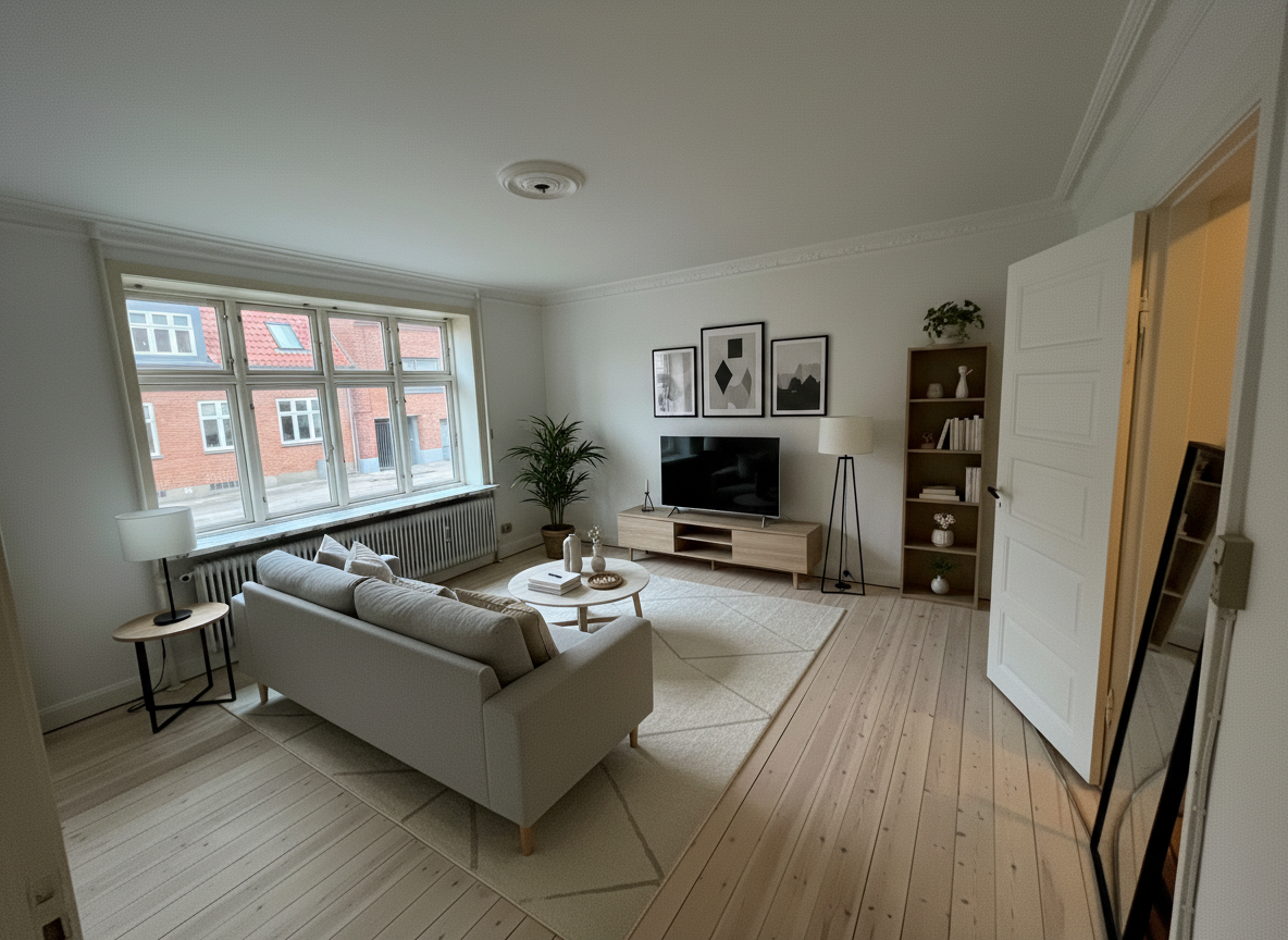 Lys 2-værelses med klassiske detaljer, indbyggede skabe og parkering – 62 m2