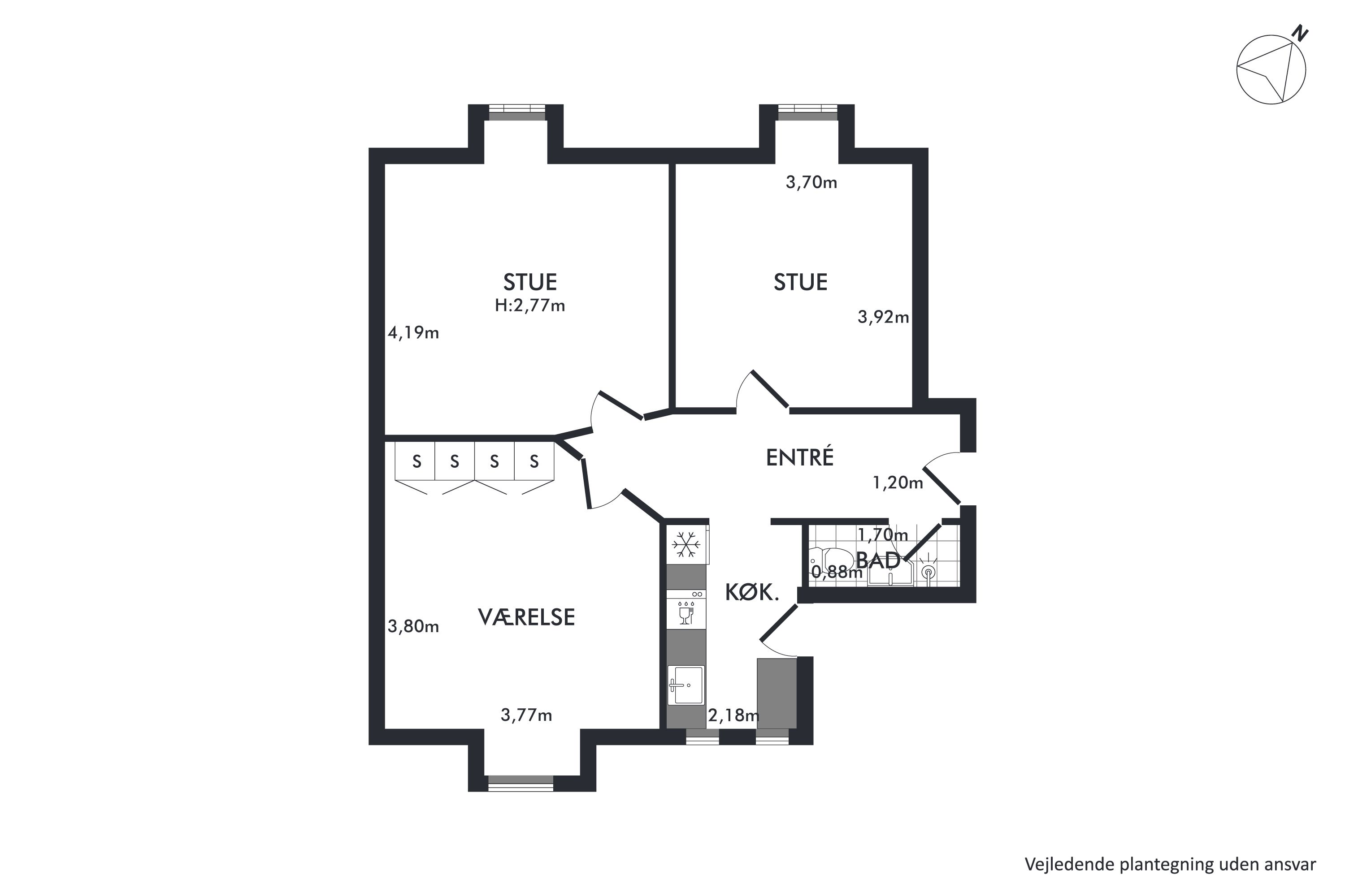 3- værelses lejlighed på 80 m2  