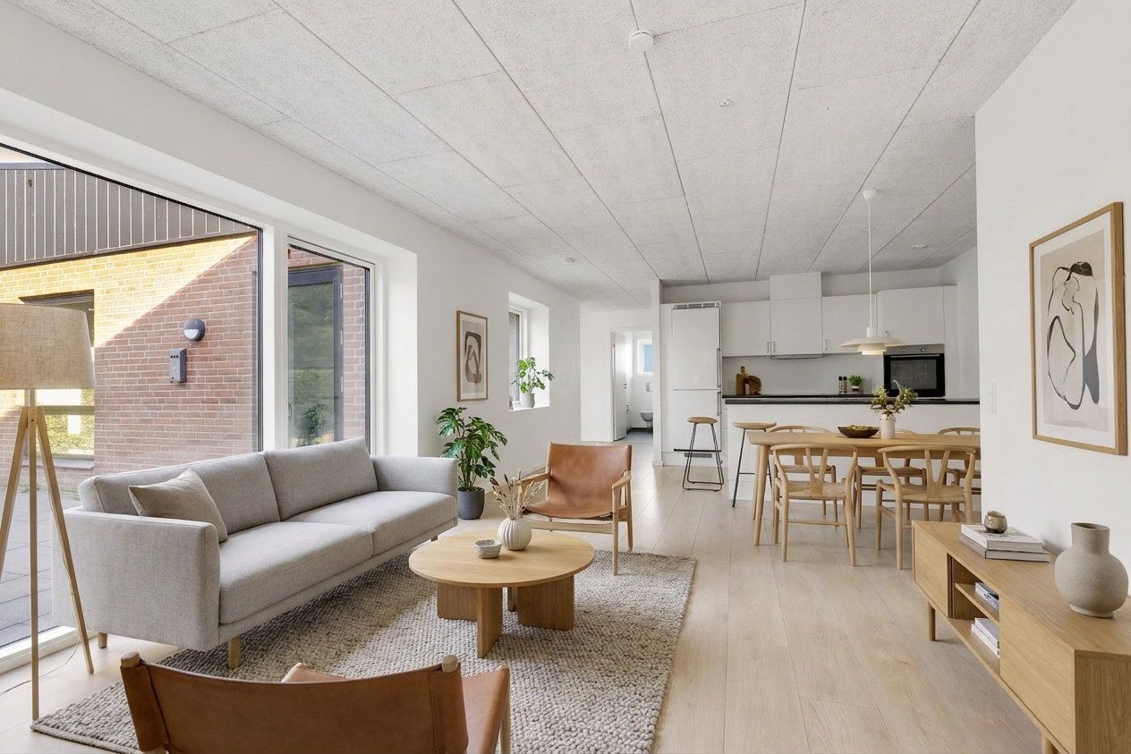 Luksuriøst rækkehus i ét plan med egen terrasse, have og parkering – 118 m2